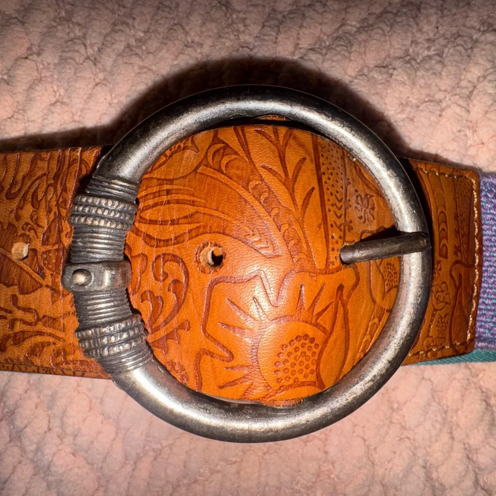 Chico's Embroidered Aztec Leather Belt in Brown and Multi